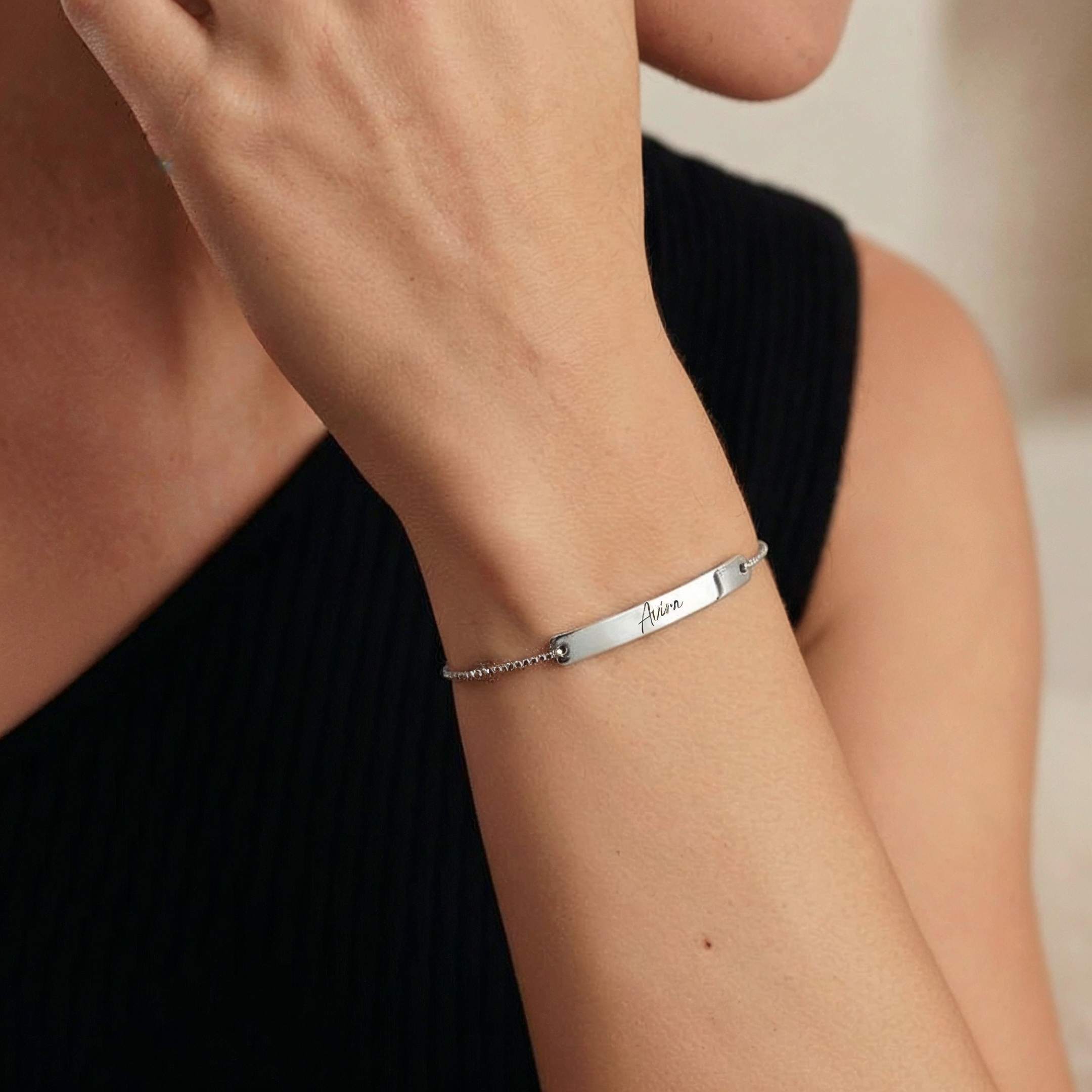 Personalised engraved bar bracelet in gold and silver – Signature Bar custom name bracelet India