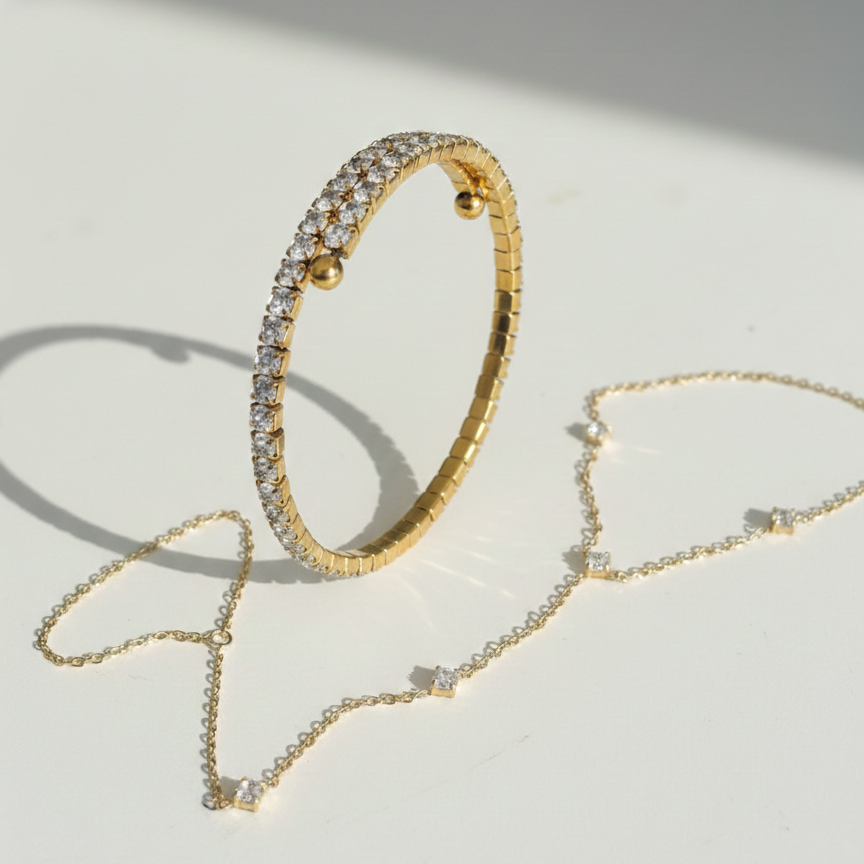 Starlit glow gold jewellery set - anti-tarnish bracelet and handchain bundle for women India