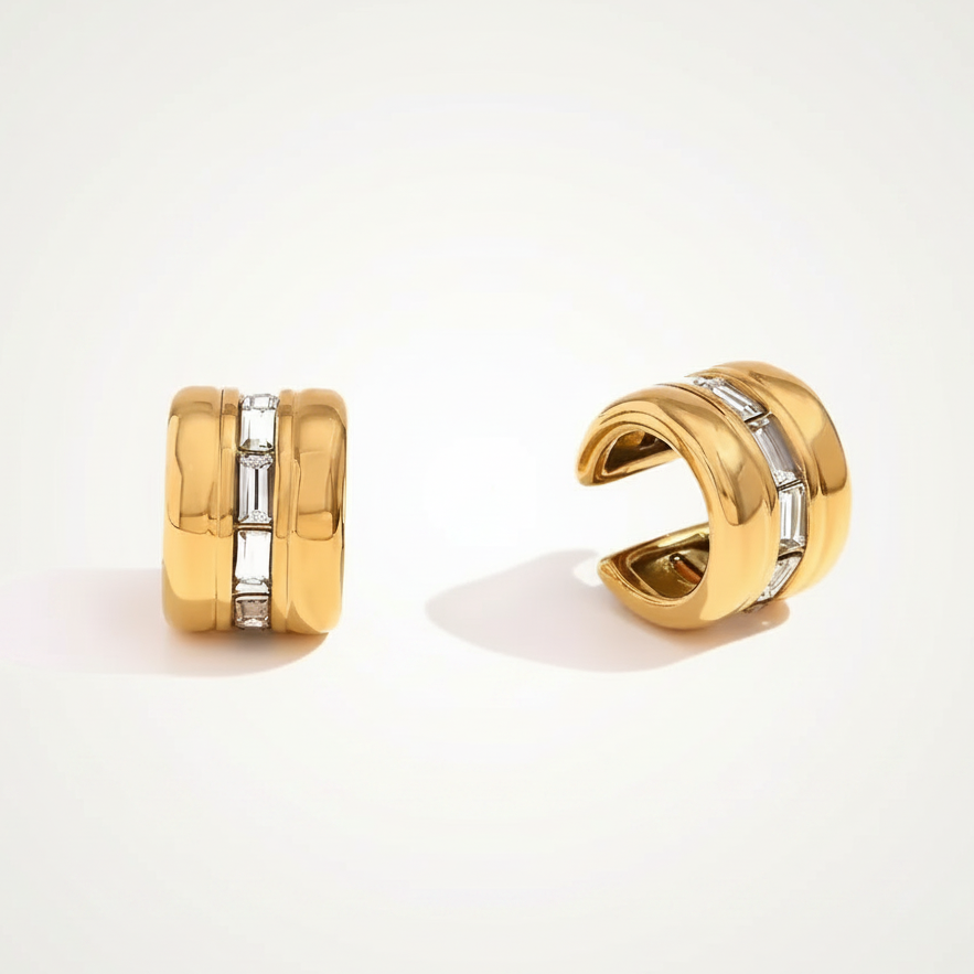 The Ear Candy Combo showcasing the durable channel-set crystals of the Mystic Ear Cuff.