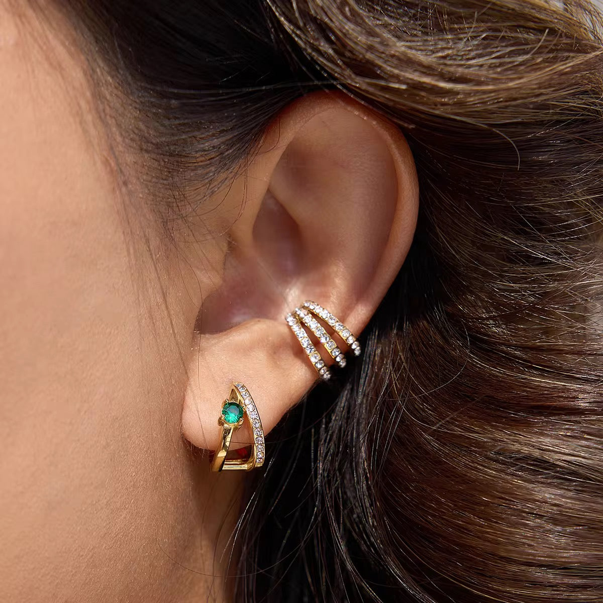 The Triple Cuff on model ear – gold-plated stackable ear cuff jewellery India