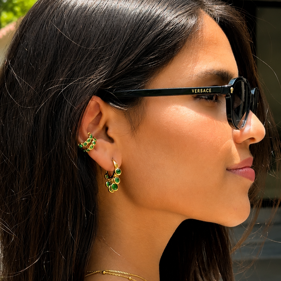 Tropical Pop Duo pink stone ear cuff in 18k gold-plated stainless steel with anti-tarnish finish.