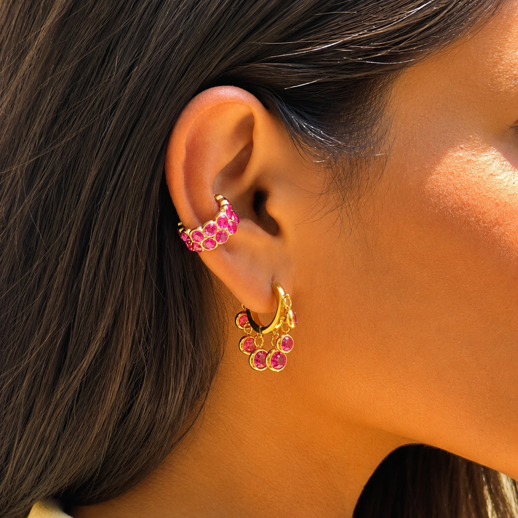Tropical Pop Duo pink ear cuff and Huggies earrings styled for festive and party wear.