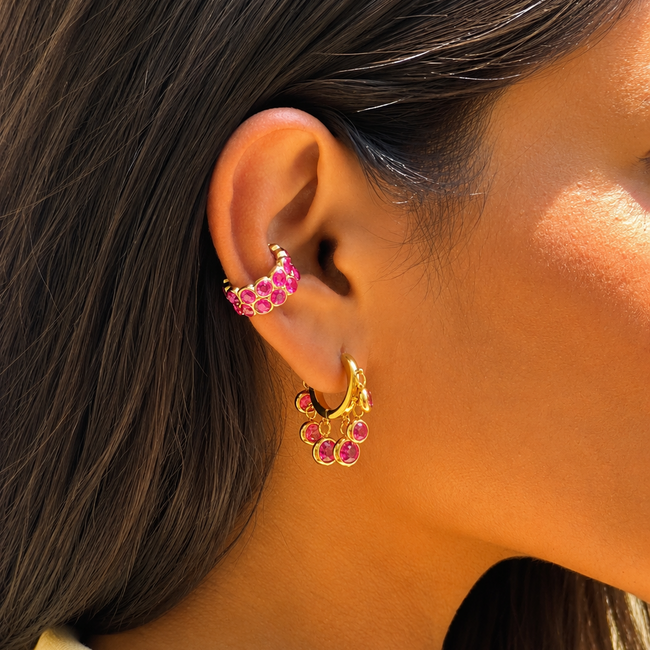 Tropical Pop Duo pink ear cuff and Huggies earrings styled for festive and party wear.