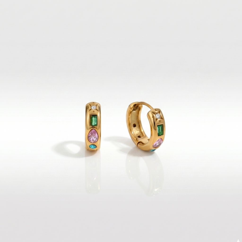Tropical Studded Hoops displaying the 18K gold-plated design featuring playful multi-colored stones crafted for daily wear in India.