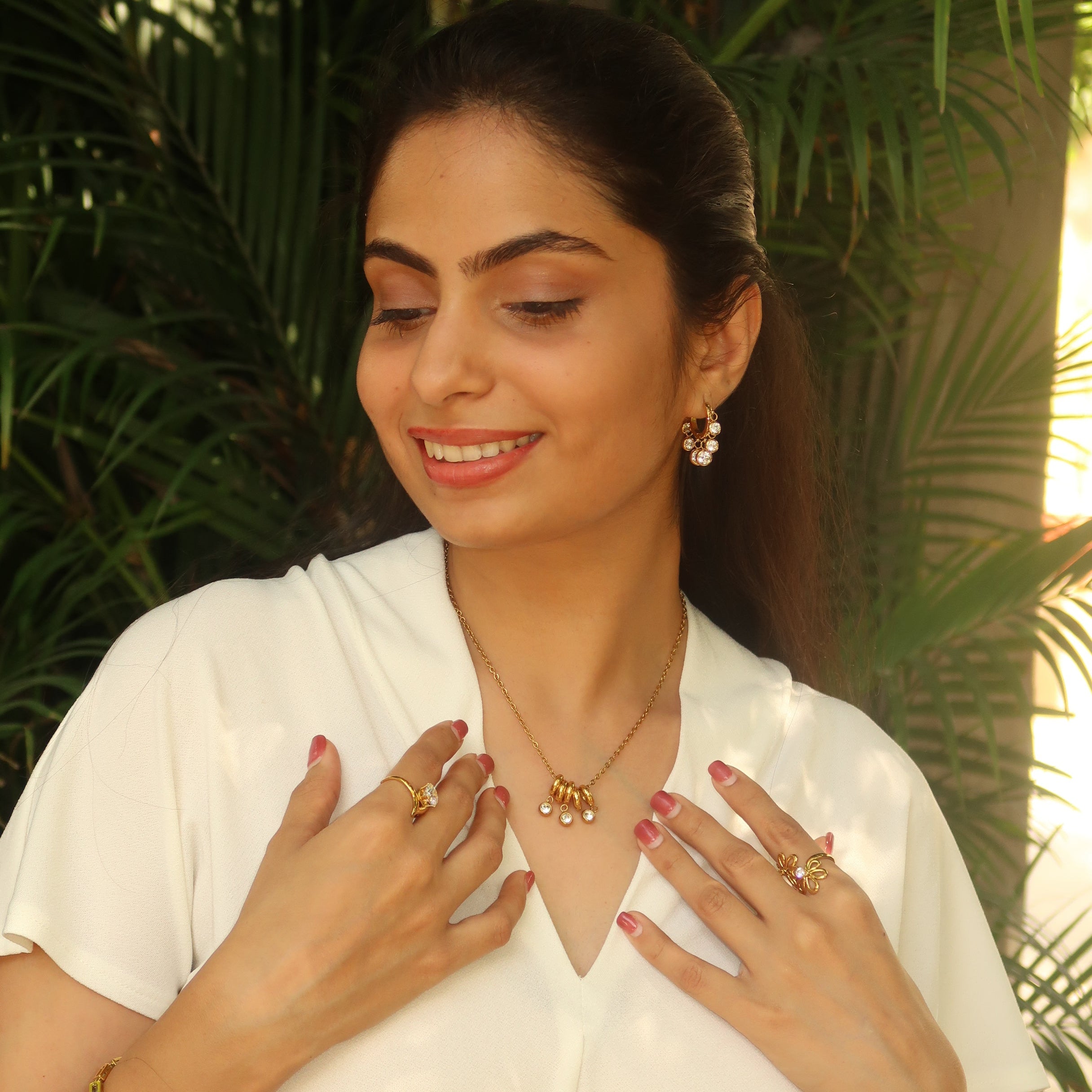 Twinning treasures combo worn by Indian woman - gift set gold earrings for best friends India